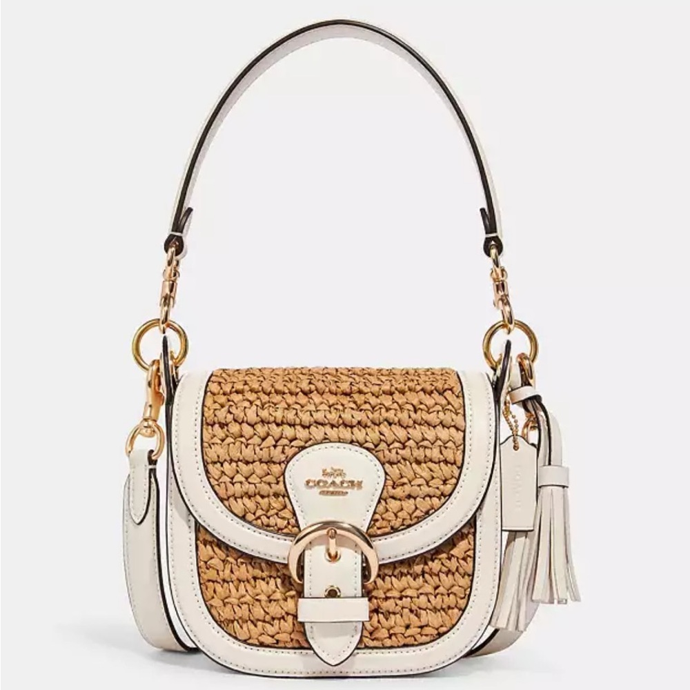 Coach Kleo Shoulder Bag 17
Tan and Cream Crossbody Bag with Woven Design